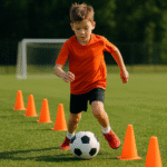 Menino treinando desenvolvimento motor no futebol, fortalecendo velocidade, equilíbrio e precisão nos movimentos.