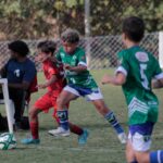 Crianças disputando partida de campeonato de futebol infantil