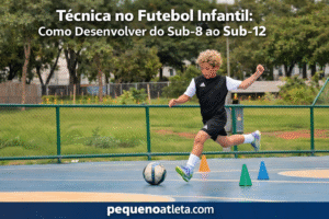 Criança treinando técnica no futebol infantil com controle de bola e coordenação motora em atividade educativa