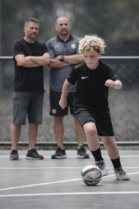 Criança jogando futebol infantil sob observação de adultos, representando o isolamento emocional causado pela pressão e pela comparação no esporte