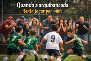 Crianças jogando futebol enquanto pais gritam e orientam atrás da grade da arquibancada