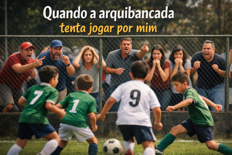 Crianças jogando futebol enquanto pais gritam e orientam atrás da grade da arquibancada