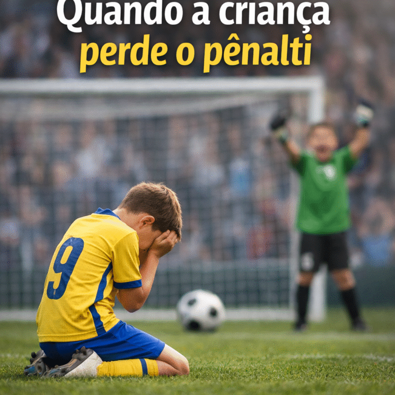 criança ajoelhada no campo após perder pênalti no futebol infantil
