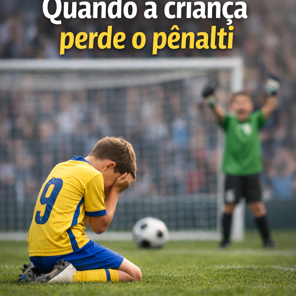 criança ajoelhada no campo após perder pênalti no futebol infantil