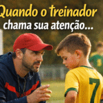 treinador orientando criança no futebol infantil durante o jogo