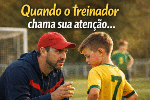 treinador orientando criança no futebol infantil durante o jogo