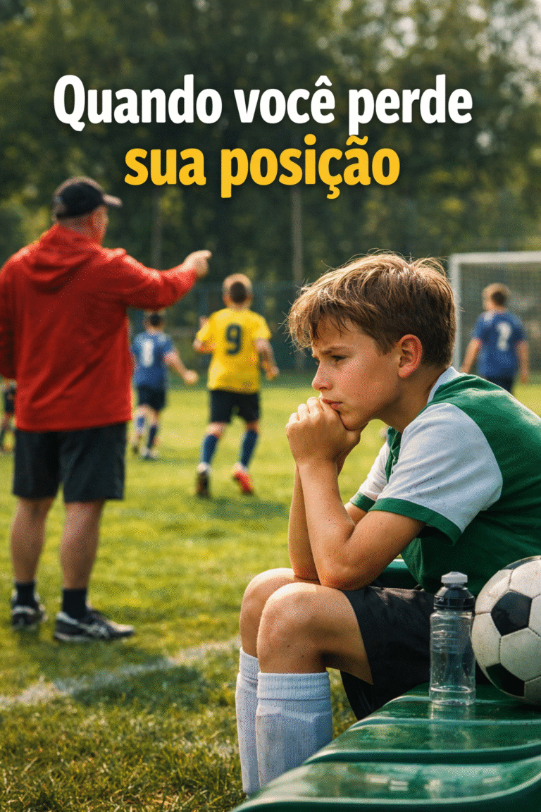 Criança sentada no banco refletindo após perder posição no futebol