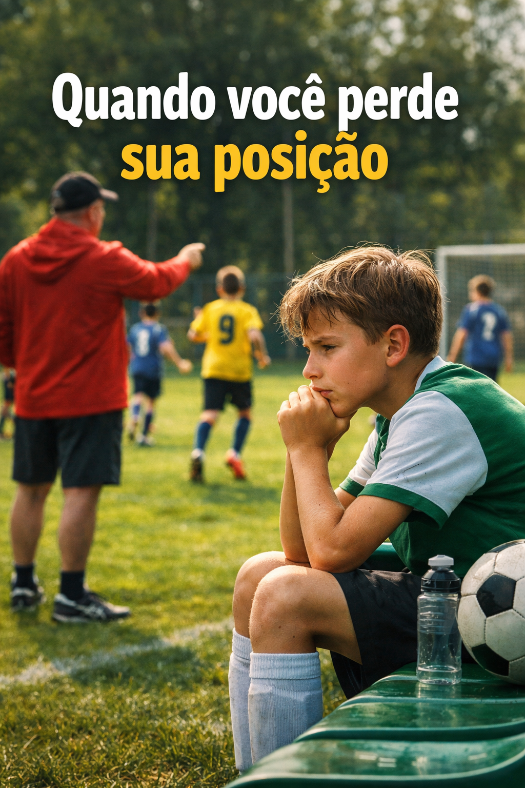 Criança sentada no banco refletindo após perder posição no futebol