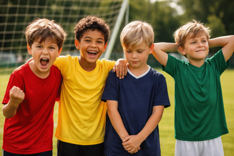 Quatro crianças em campo representando os temperamentos colérico, sanguíneo, melancólico e fleumático no futebol infantil