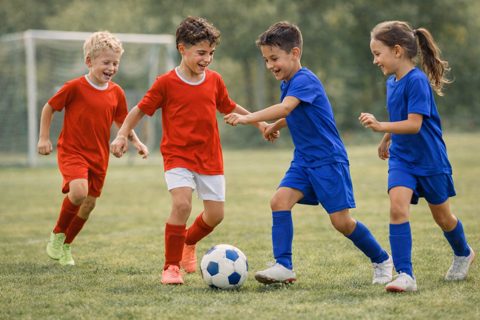 Trabalho em equipe no futebol infantil com crianças jogando juntas e se divertindo
