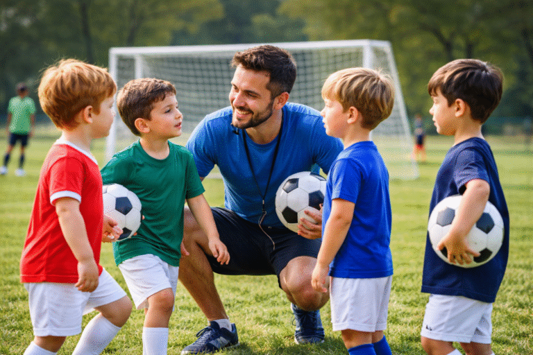 crianças treinando futebol infantil com treinador representando desenvolvimento da criança no esporte