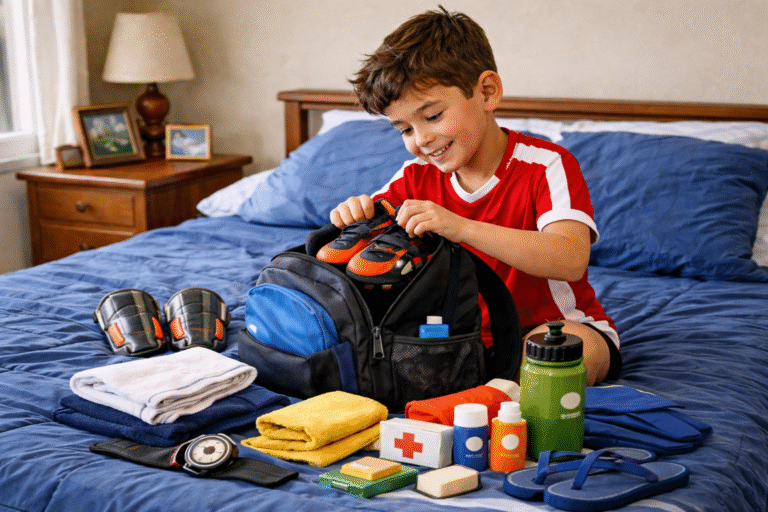 Criança organizando mochila de jogo com chuteira, caneleira, uniforme e garrafinha no futebol infantil