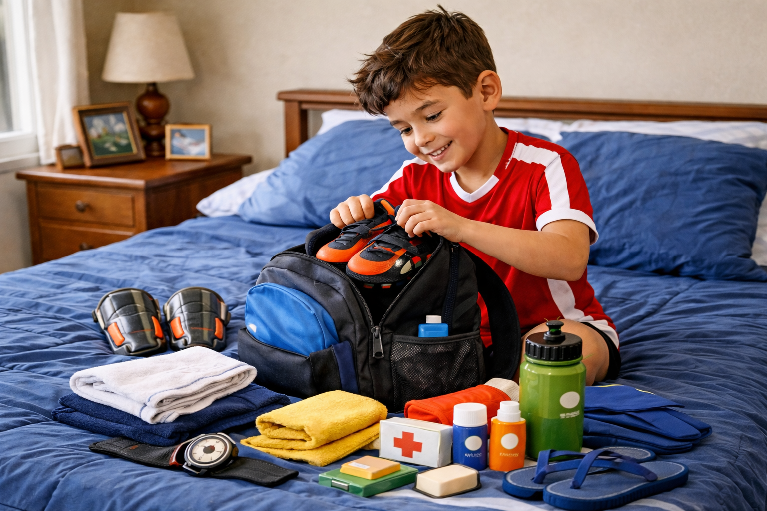 Criança organizando mochila de jogo com chuteira, caneleira, uniforme e garrafinha no futebol infantil