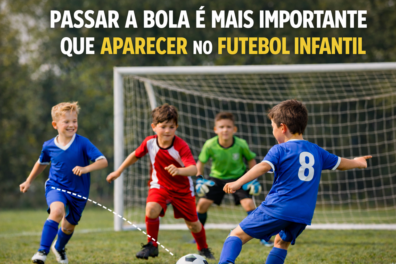 Crianças jogando futebol infantil perto do gol, com jogador passando a bola para companheiro enquanto o título destaca a importância do jogo coletivo.