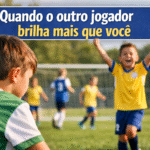 Criança jogando futebol infantil observa colega de equipe em destaque no jogo