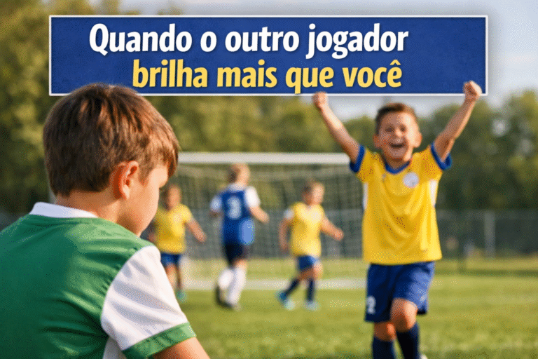 Criança jogando futebol infantil observa colega de equipe em destaque no jogo
