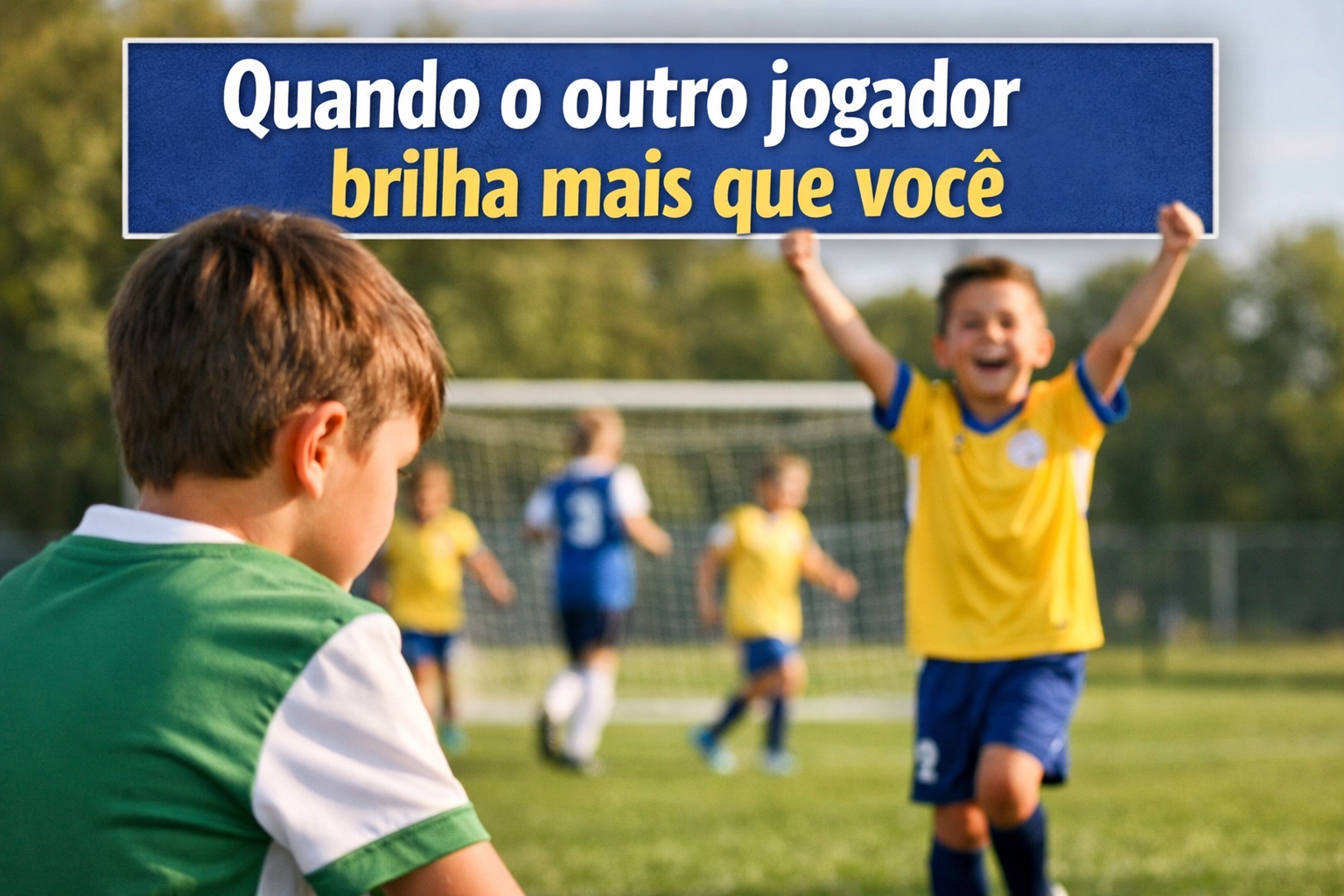 Criança jogando futebol infantil observa colega de equipe em destaque no jogo