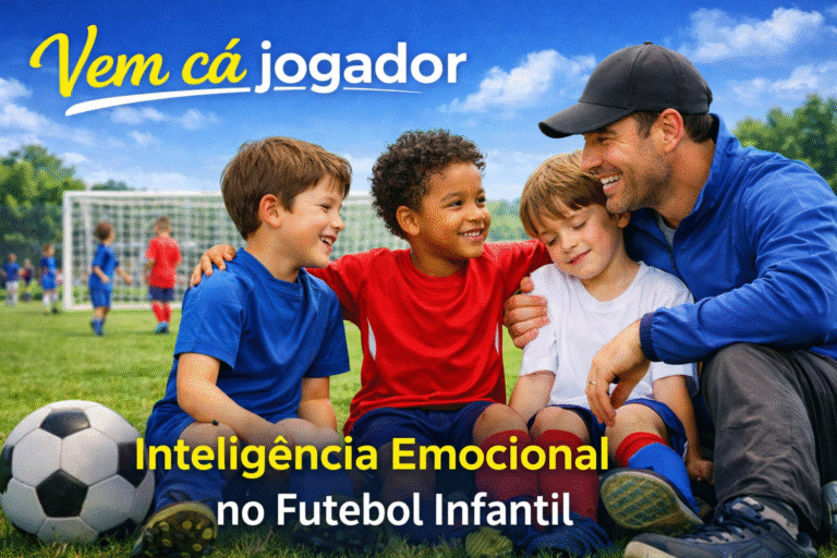 Crianças com treinador em campo de futebol demonstrando apoio e inteligência emocional no futebol infantil