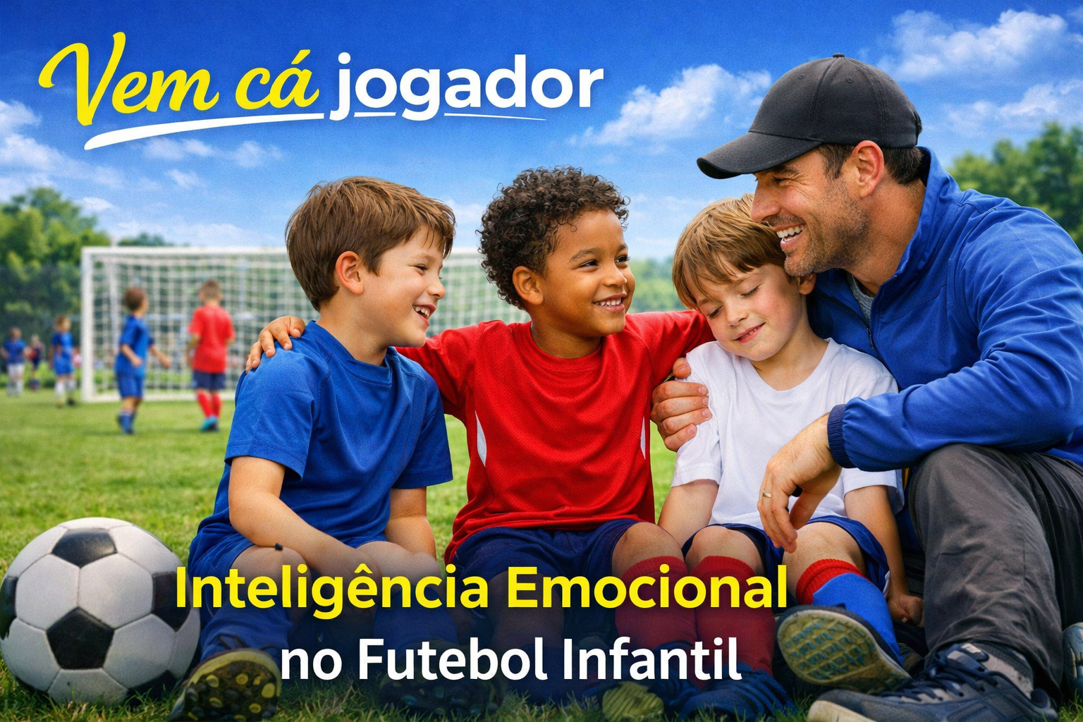Crianças com treinador em campo de futebol demonstrando apoio e inteligência emocional no futebol infantil