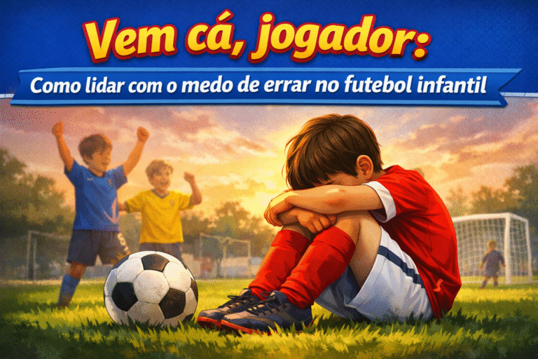 Criança no futebol infantil sentada ao lado da bola refletindo sobre o medo de errar durante o jogo