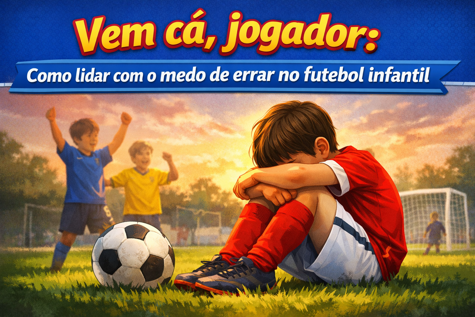 Criança no futebol infantil sentada ao lado da bola refletindo sobre o medo de errar durante o jogo