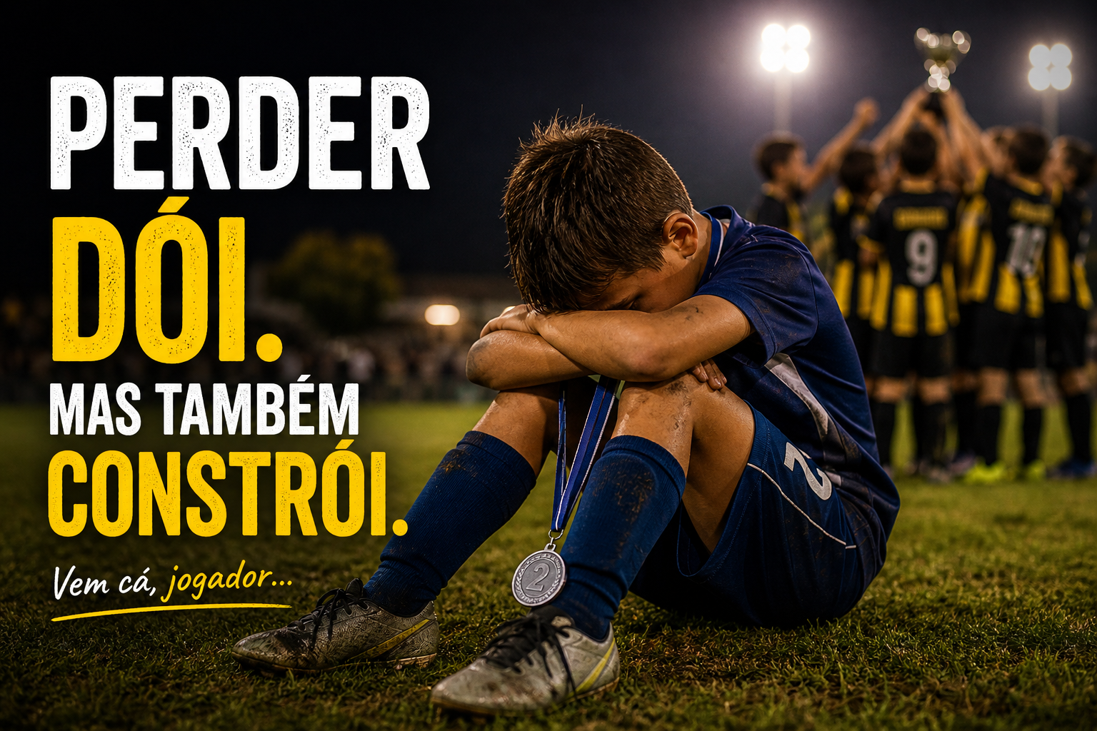 criança após perder uma final no futebol infantil sentada no campo emocionada